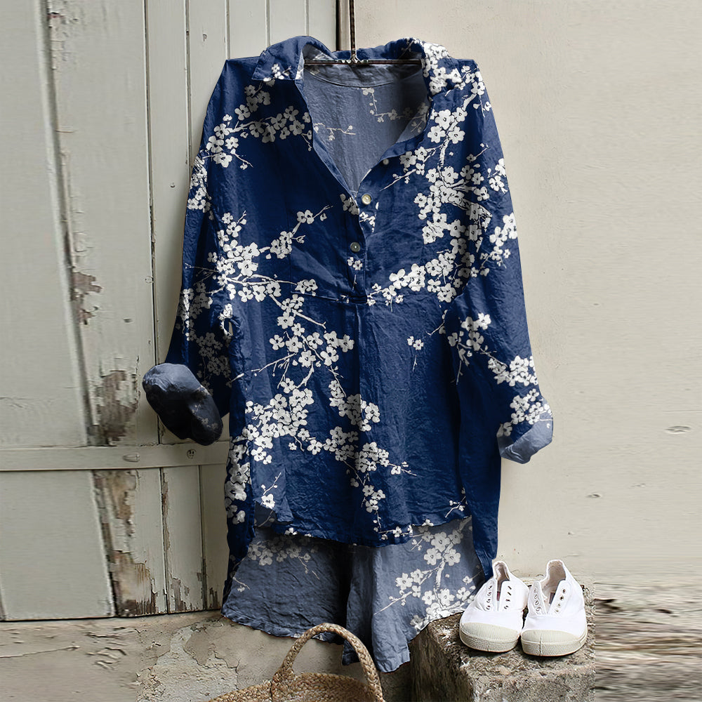 Vintage Cherry Blossom Art Cotton And Linen Button V-Neck Casual Shirt elevenforest