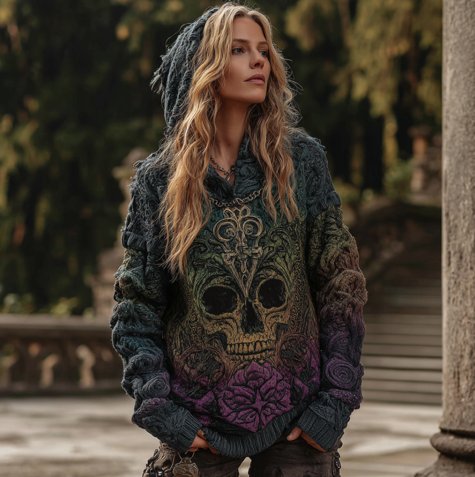 Women's Gradient Color Hooded Long Sweater With Viking Style Tribal Totem elevenforest