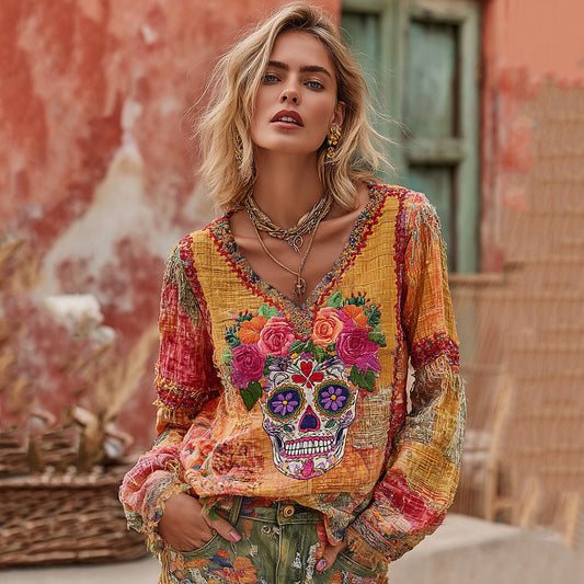 Women's Classic Mexican Sugar Skeleton Catrina Day Of The Dead Inspired Painting Embroidered Casual Linen V Neck  Long Sleeve T-shirt elevenforest