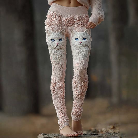 Vintage Cute Cat Face With Roses Art Embroidered Cozy Knit Leggings elevenforest