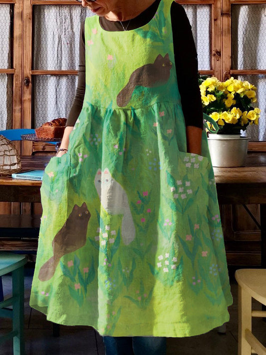 Oil Painting Art Cat Pinafore Midi Dress elevenforest