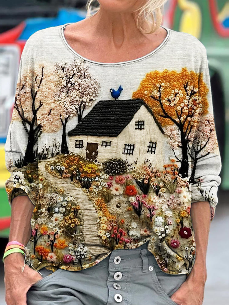 Comstylish Cottage Floral Landscape Embroidered Fiber Art T Shirt