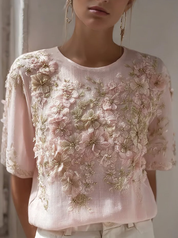 Women's Retro Pink Floral Embroidery Art Print Crew Neck Short Sleeve T-shirt 1 elevenforest