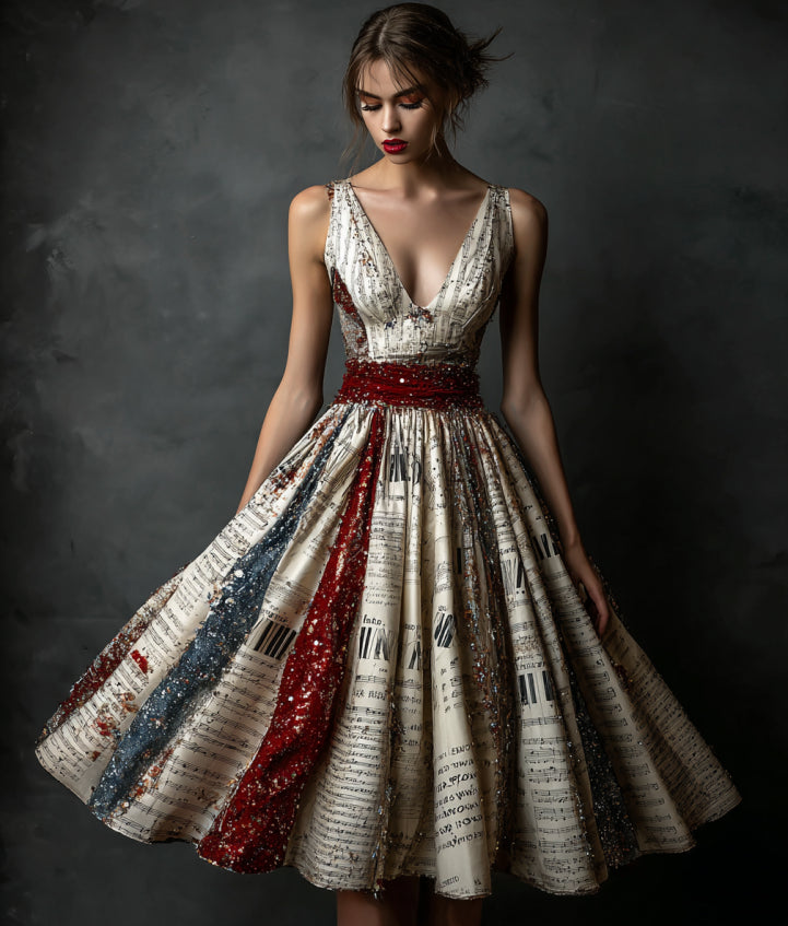 Vintage Sequin Music Notes And Flag Art Midi Dress elevenforest