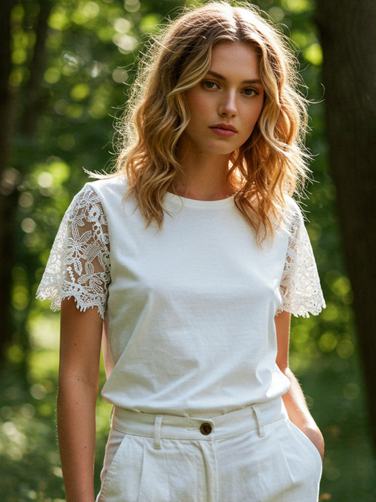 Comstylish Women's Casual Solid Color Lace Hollow Design T-shirt