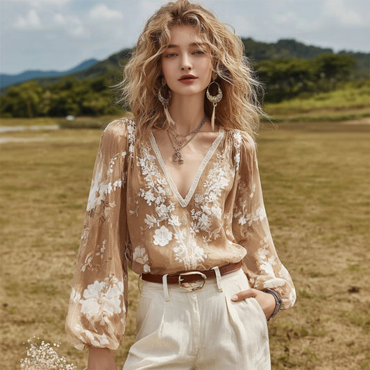 Women's Floral Embroidery Long-sleeved Linen Blend T-shirt elevenforest