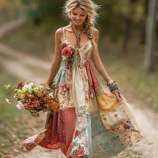 Women's Vintage Boho Floral Art Patchwork Comfy Midi Dress elevenforest