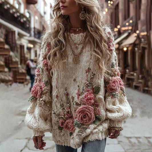 Women's Vintage Rose Floral Chunky Knit Warm Crew Neck Sweater elevenforest