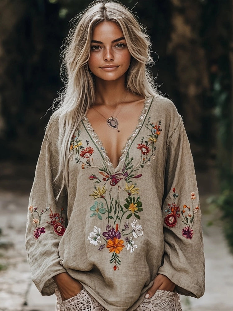 Retro Bohemian Floral Embroidered Linen Blend Loose Shirt elevenforest