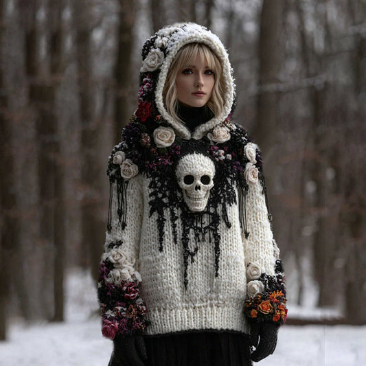 Comstylish Women's Vintage Rose And Skull Patchwork Knit Hooded Sweater