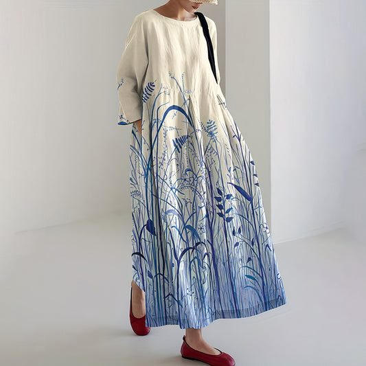 Comstylish Vintage Japanese Art Gradient Pattern Flowy Linen Maxi Dress