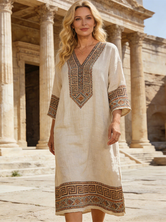 Comstylish Greek Pattern Vintage Women's Linen V-neck Maxi Dress