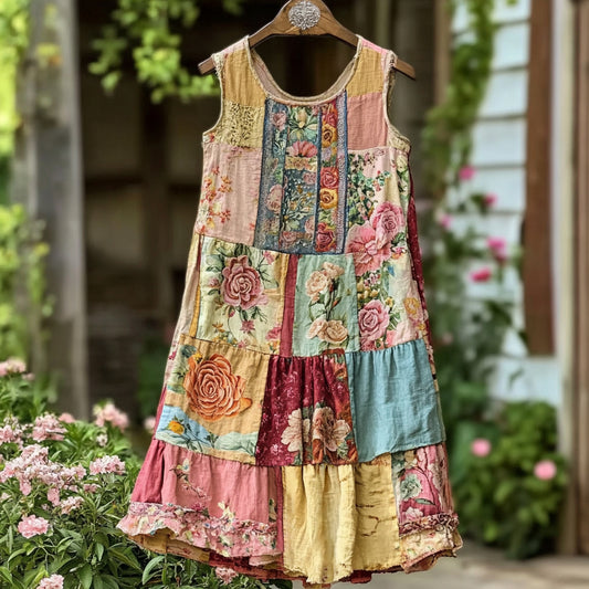 Women's Vintage Floral Pattern Patchwork Tank Midi Dress elevenforest