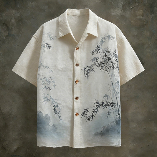 Men's Japanese-style Tie-dye Bamboo Pattern Linen Short-sleeved Shirt elevenforest