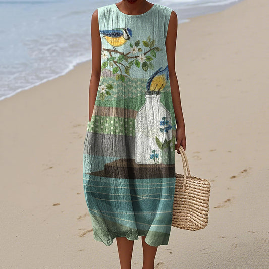 Women's Flower And Bird Art Round Neck Tank Midi Dress elevenforest