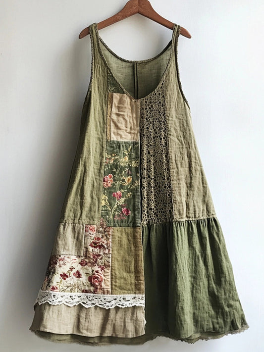 Vintage Floral Pattern Linen Blend Lace Patchwork Dress elevenforest