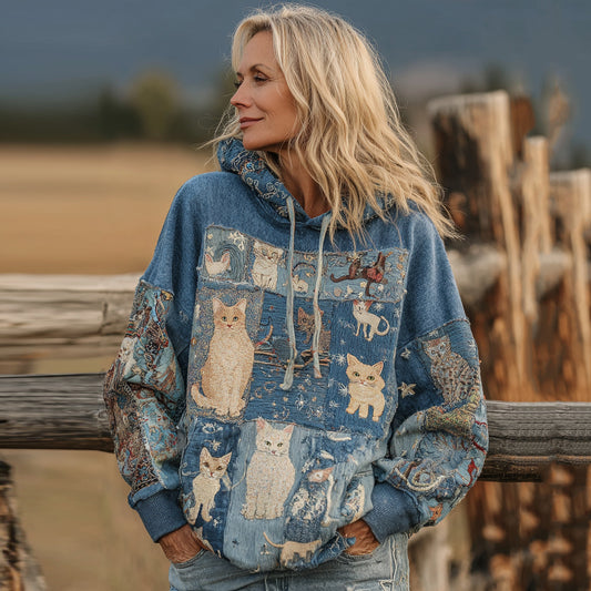 Women's Denim Patchwork Cute Cat Print Hoodie elevenforest
