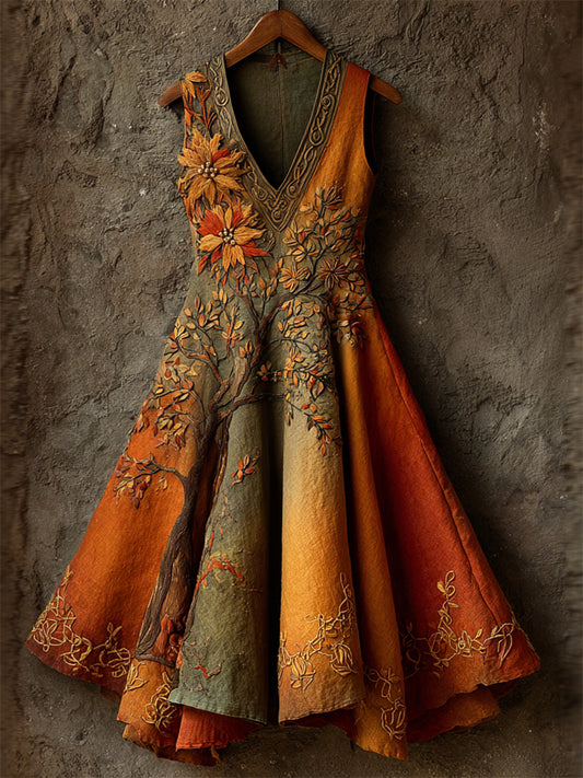Vintage Fall Floral Tree Of Life Celtic Embroidered Dyed Linen Dress elevenforest