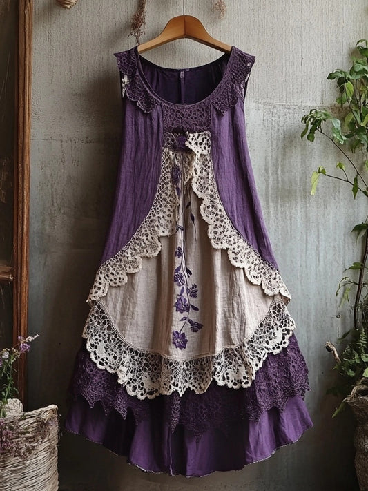 Retro Lace Patchwork Comfy Linen Tank Dress elevenforest