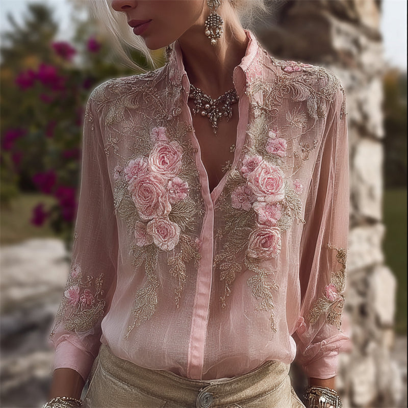 Classy Pink Roses Lace Embroidered Flowy Linen Blouse elevenforest