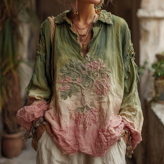 Women's Vintage Viking Tree Of Life Gradient Linen Shirt elevenforest
