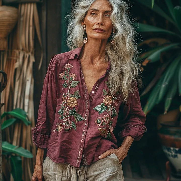 Bohemian Style Linen Floral Art Print  Long Sleeve Shirt elevenforest