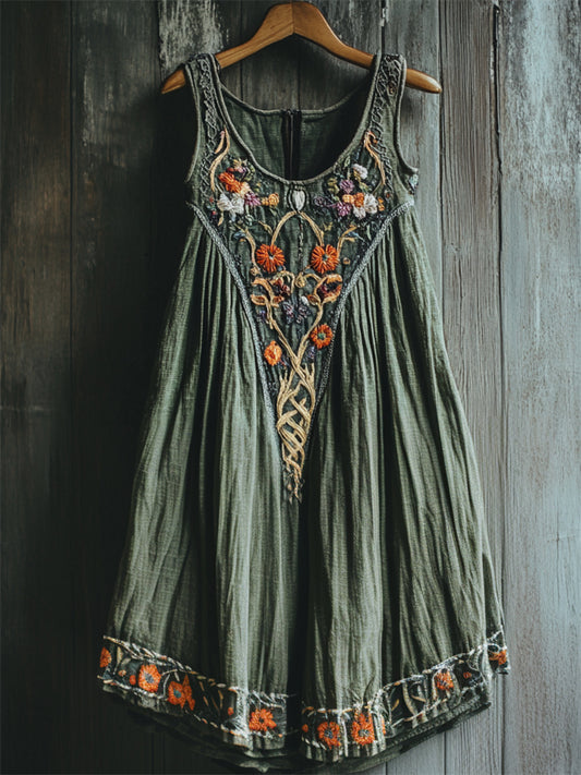 Vintage Cottage Floral Embroidered Linen Tank Dress elevenforest