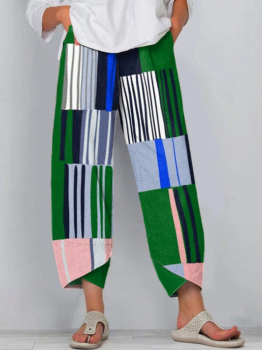 Women's Vintage Contrast Striped Pattern Linen Blend Pants elevenforest