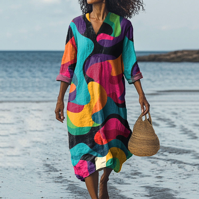 Comstylish Women's Multicolor Geometric Swirl Pattern Printed Midi Dress