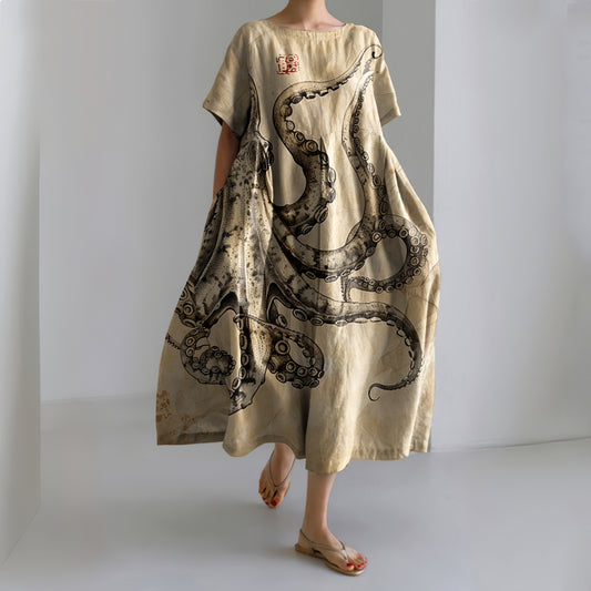 Retro Japanese Art Octopus Print Casual Midi Dress elevenforest