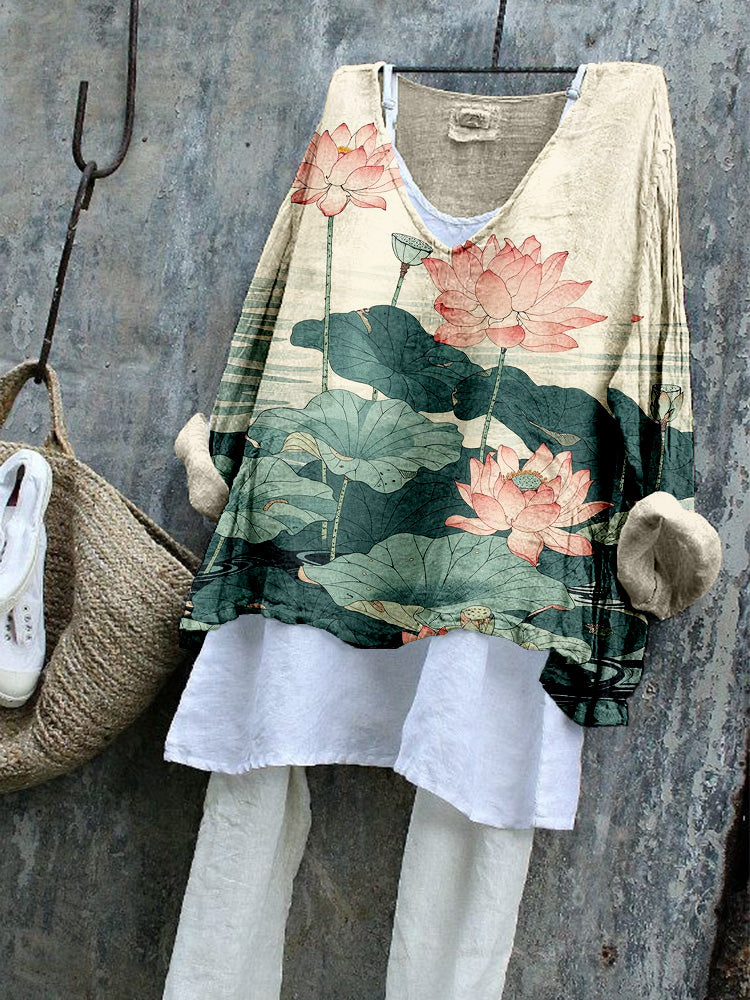 Japanese Lotus Flower Woodcut Art Linen Blend Shirt elevenforest