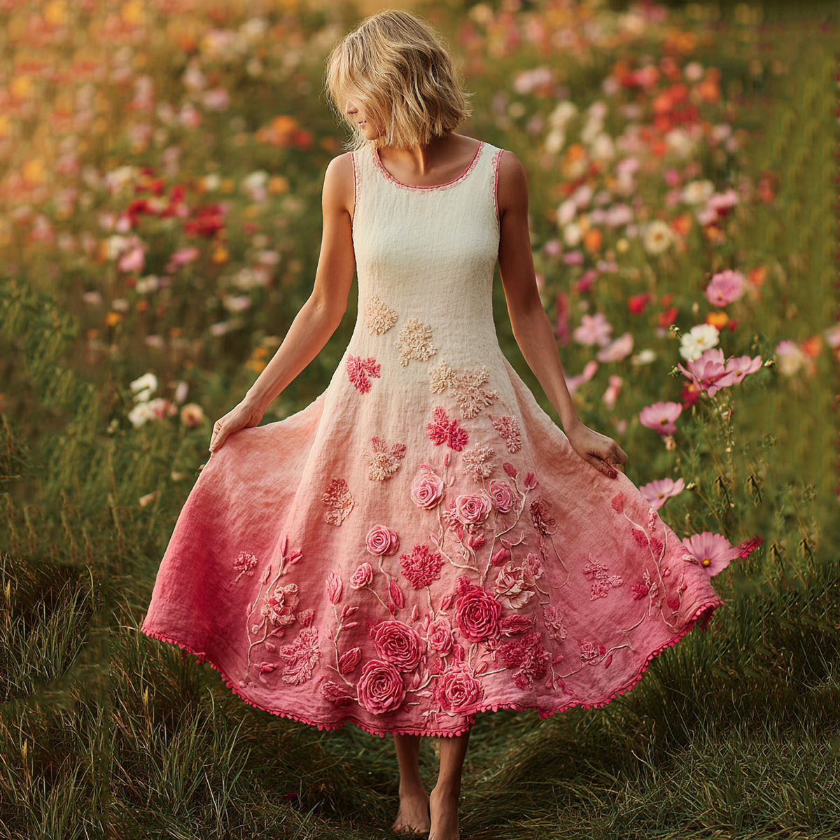 Stylish Pink Floral Embroidered Cozy Linen Tank Maxi Dress elevenforest