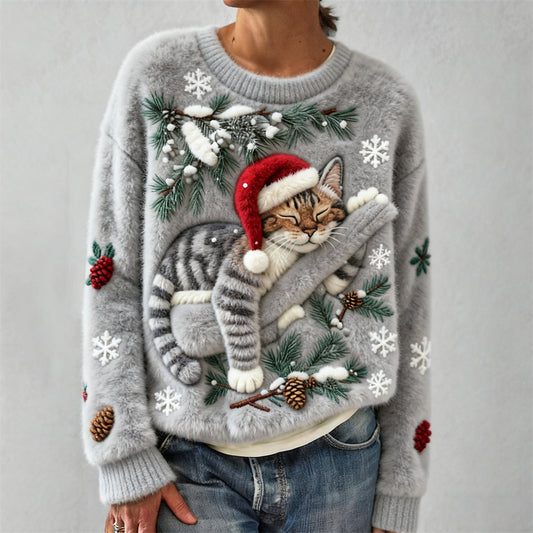 Christmas Lazy Cat Women's Cozy Plush Sweater elevenforest