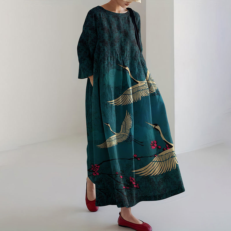 Comstylish Vintage Japanese Style Crane Print Linen Blend Dress