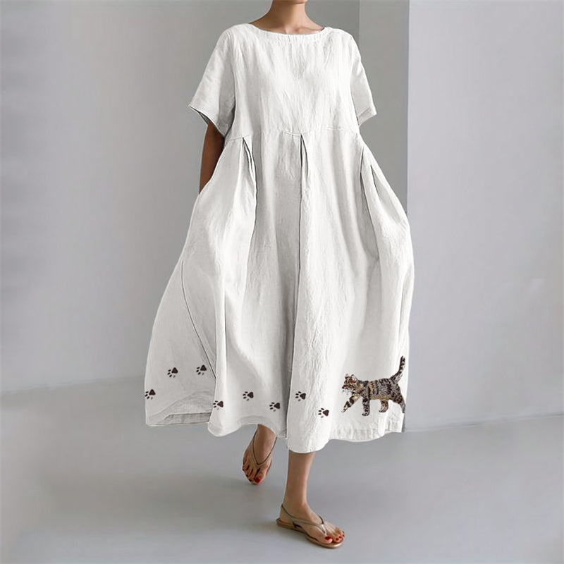 Cat & Paw Prints Embroidered Pleated Linen Blend Maxi Dress elevenforest