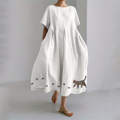Cat & Paw Prints Embroidered Pleated Linen Blend Maxi Dress elevenforest