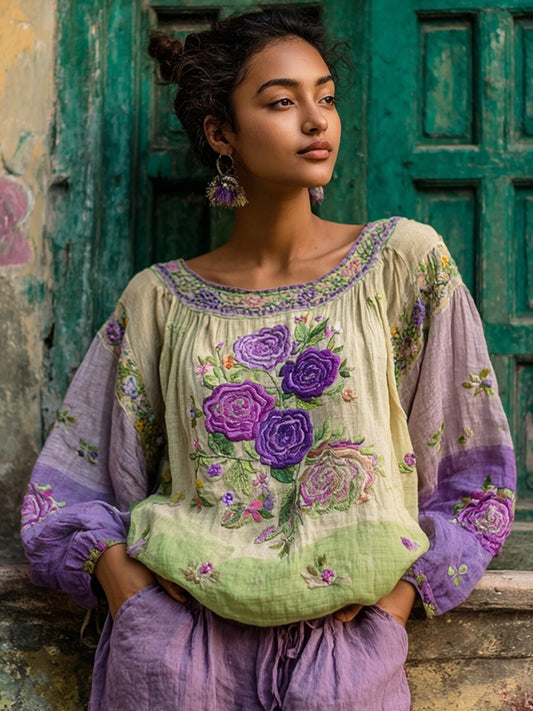 Ethnic Boho Floral Embroidery Women's Linen Loose Shirt elevenforest