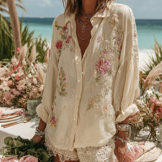 Vintage Floral Pattern Art Linen Comfy Button Shirt elevenforest