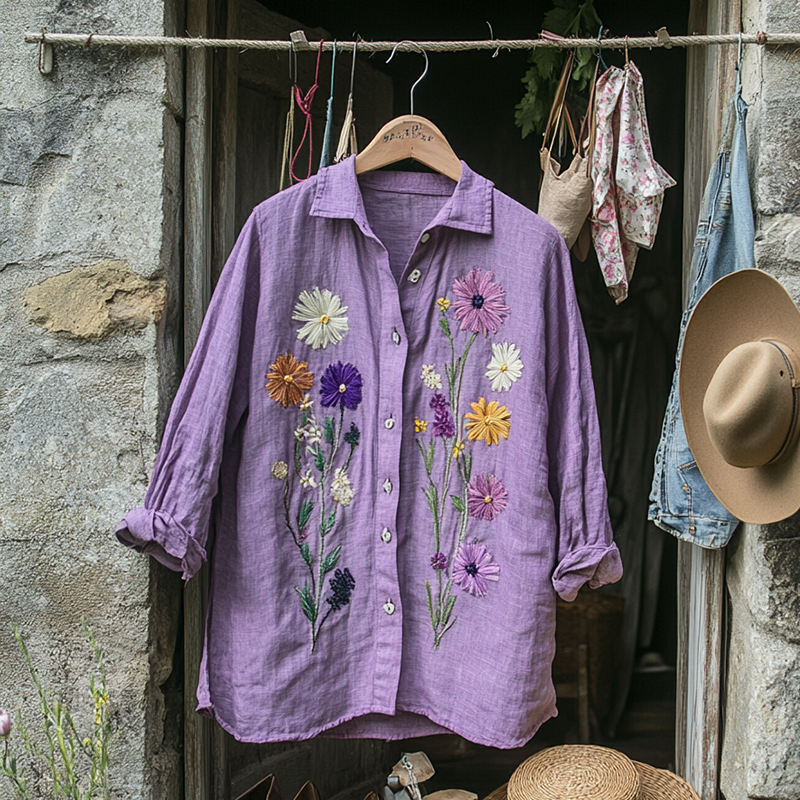 Bohemian Holiday Style Linen Floral Print  Long Sleeve Shirt elevenforest