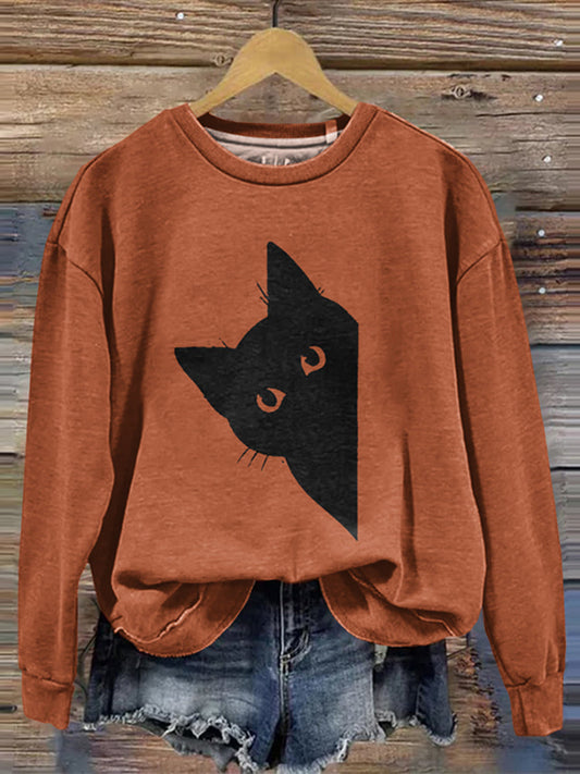 Women's Peek-A-Boo Black Cat Printed Sweatshirt elevenforest