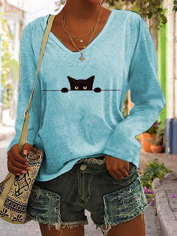 Women's Casual Funny Black Cat Print T-shirt elevenforest