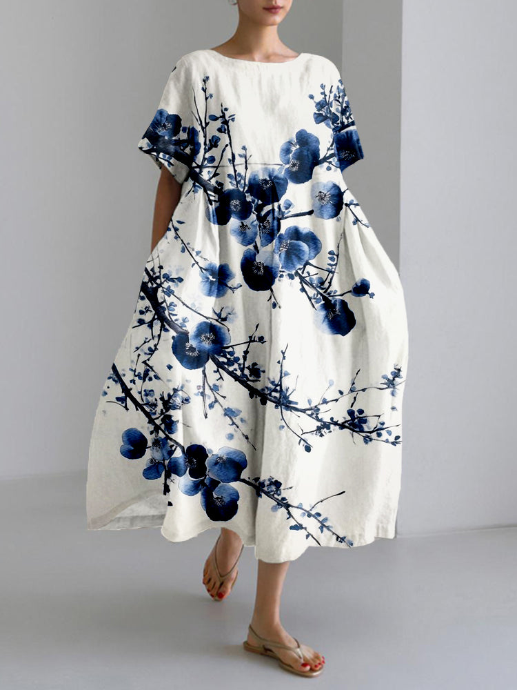 Comstylish Blue Sakura Art Linen Blend Comfy Maxi Dress
