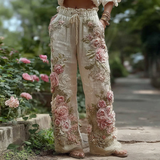 Women's Retro Floral Embroidery Art Casual Linen Pants elevenforest