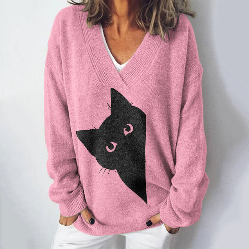 Women's Peek-A-Boo Hiding Black Cat Art Printed Light Sweater elevenforest