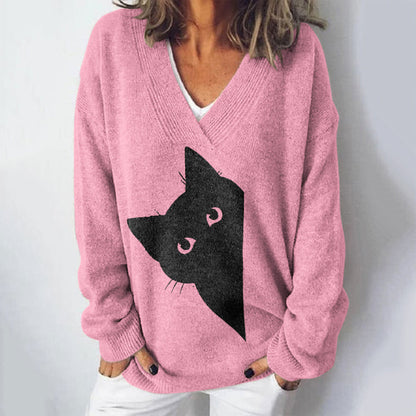 Women's Peek-A-Boo Hiding Black Cat Art Printed Light Sweater elevenforest