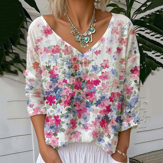 Floral Print V-neck Linen Blend Casual T-shirt elevenforest