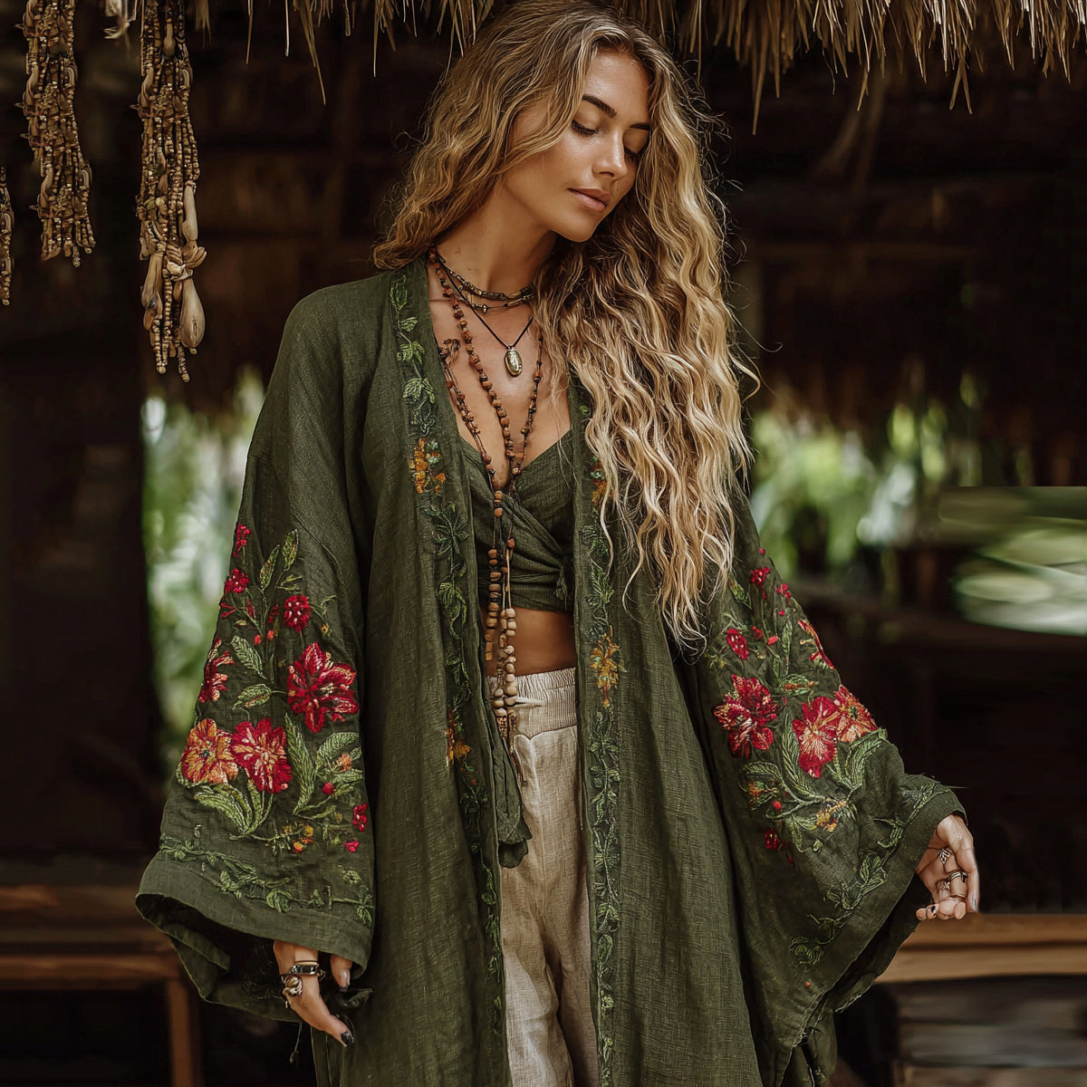 Vintage Bohemian Floral Art Embroidery Print Cotton And Linen Blend Midi-length Kimono Cardigan elevenforest