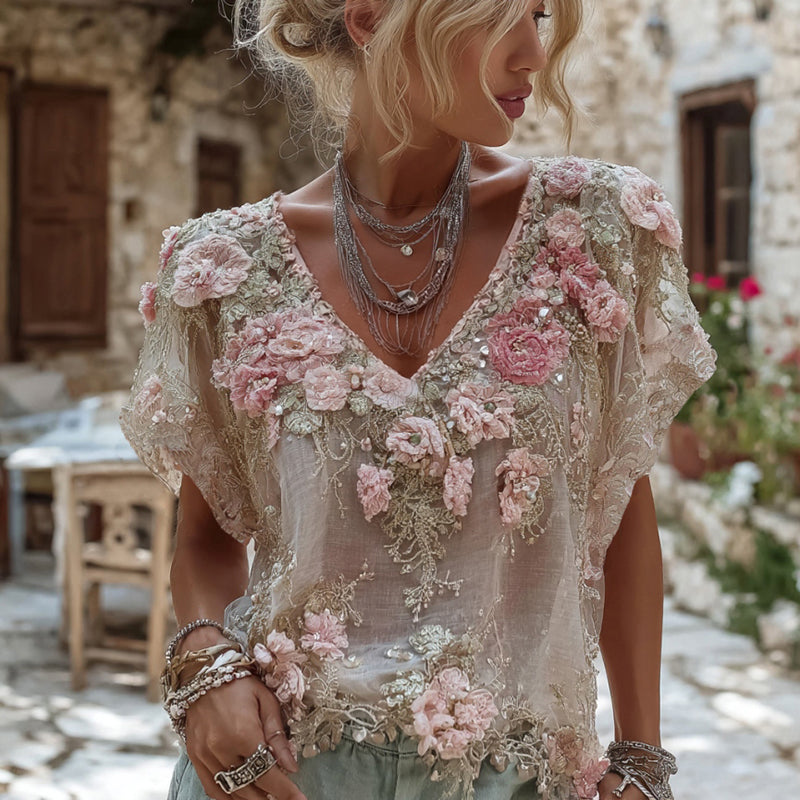 Women's Floral Embroidered Art V-neck Short Sleeve Linen Blend T-shirt elevenforest