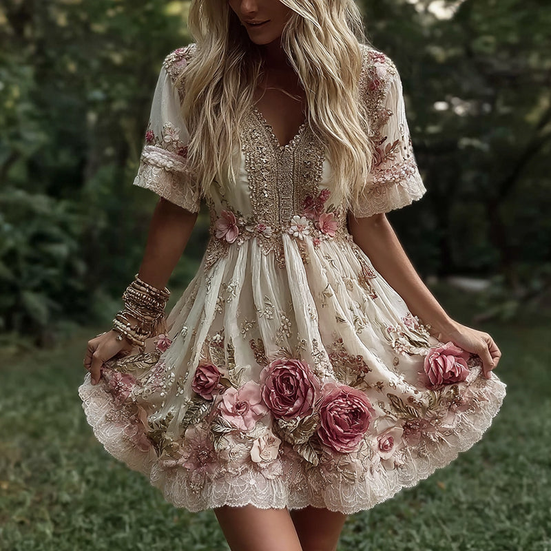 Women's Vintage Flowers Embroidery Art V-neck Short Sleeves Mini Dress elevenforest