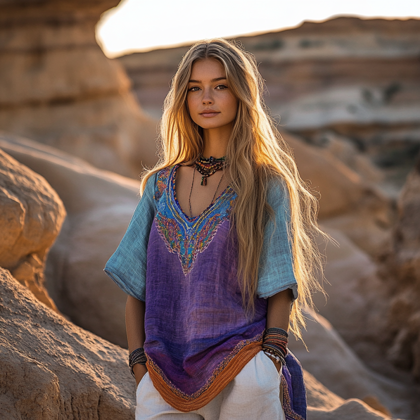 Vintage Bohemian Ethnic Floral Linen Art Print Short Sleeve V-neck Shirt elevenforest